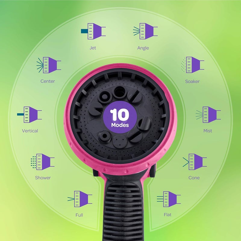 SEWANTA Hose Nozzle [Pink] Heavy Duty Hose Sprayer With 10 Adjustable Watering Patterns. Thumb Control Design, Comfortable Ergonomic Grip, Garden Hose Nozzle for Watering Plants & Lawns/Fun showers/Cleaning - Image 3